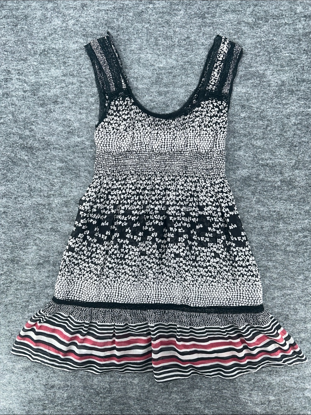 Free People Black and White Patterned Sleeveless Dress with Pink Stripe Hem Sz 6 - Picture 1 of 7